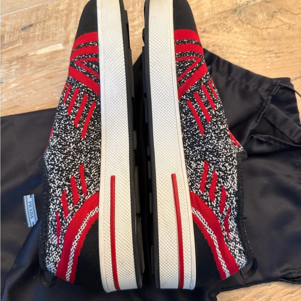 Prada Women’s Calzature Donna Knit Slip-On Sneakers — Black & Red 39 - Picture 11 of 15